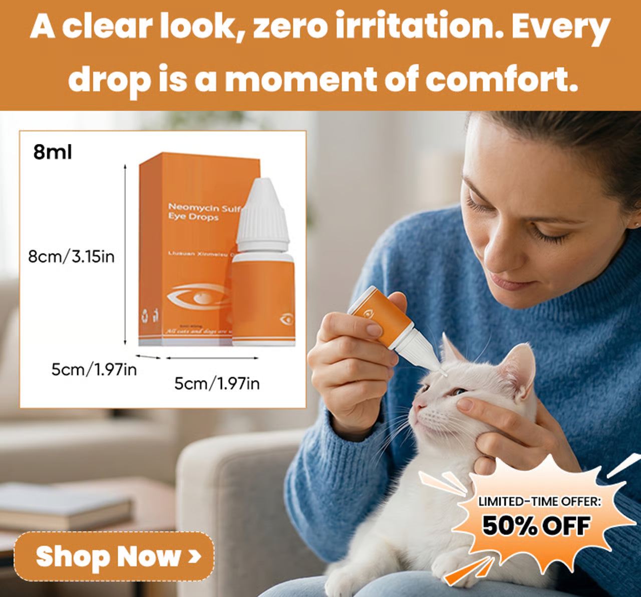 🐾 Pet Antibacterial Eye Drops – Gentle Eye Care & Tear Stain Cleaner for Cats & Dogs