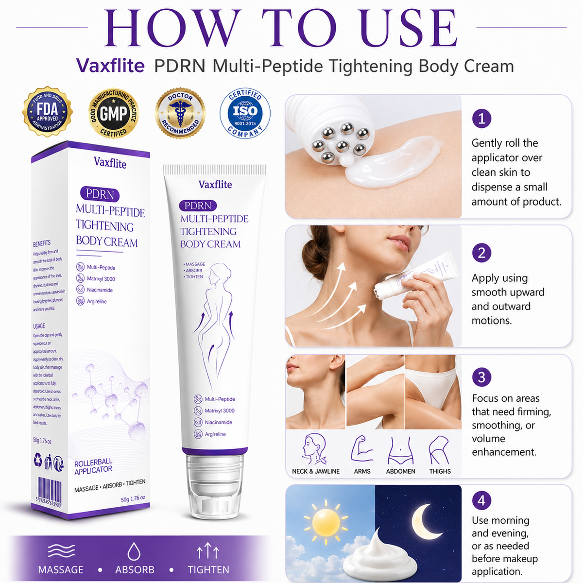 Vaxflite® PDRN Multi-Peptide Massaging Body Roller Cream- Anti-aging, Hydrating, Skin Firming & Lifting, Skin Repair, Even Tone, Acne and Dark Spot Treatment, Wart and Mole Removal, and Psoriasis Relief⭐