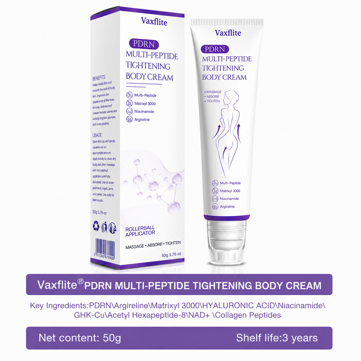 Vaxflite® PDRN Multi-Peptide Massaging Body Roller Cream- Anti-aging, Hydrating, Skin Firming & Lifting, Skin Repair, Even Tone, Acne and Dark Spot Treatment, Wart and Mole Removal, and Psoriasis Relief⭐