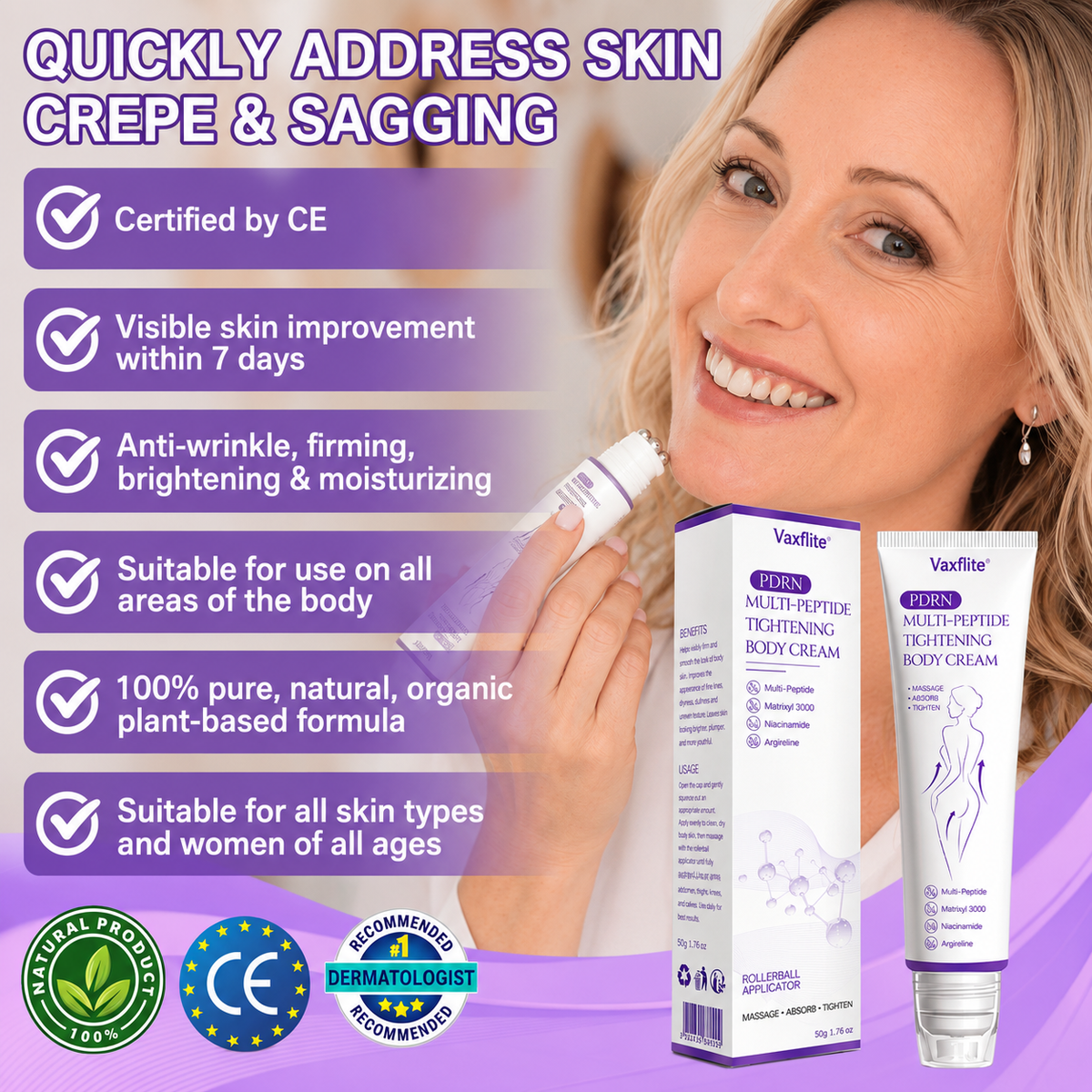 Vaxflite® PDRN Multi-Peptide Massaging Body Roller Cream- Anti-aging, Hydrating, Skin Firming & Lifting, Skin Repair, Even Tone, Acne and Dark Spot Treatment, Wart and Mole Removal, and Psoriasis Relief⭐