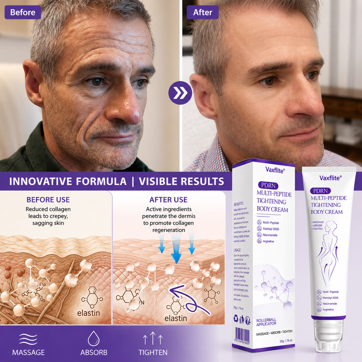 Vaxflite® PDRN Multi-Peptide Massaging Body Roller Cream- Anti-aging, Hydrating, Skin Firming & Lifting, Skin Repair, Even Tone, Acne and Dark Spot Treatment, Wart and Mole Removal, and Psoriasis Relief⭐