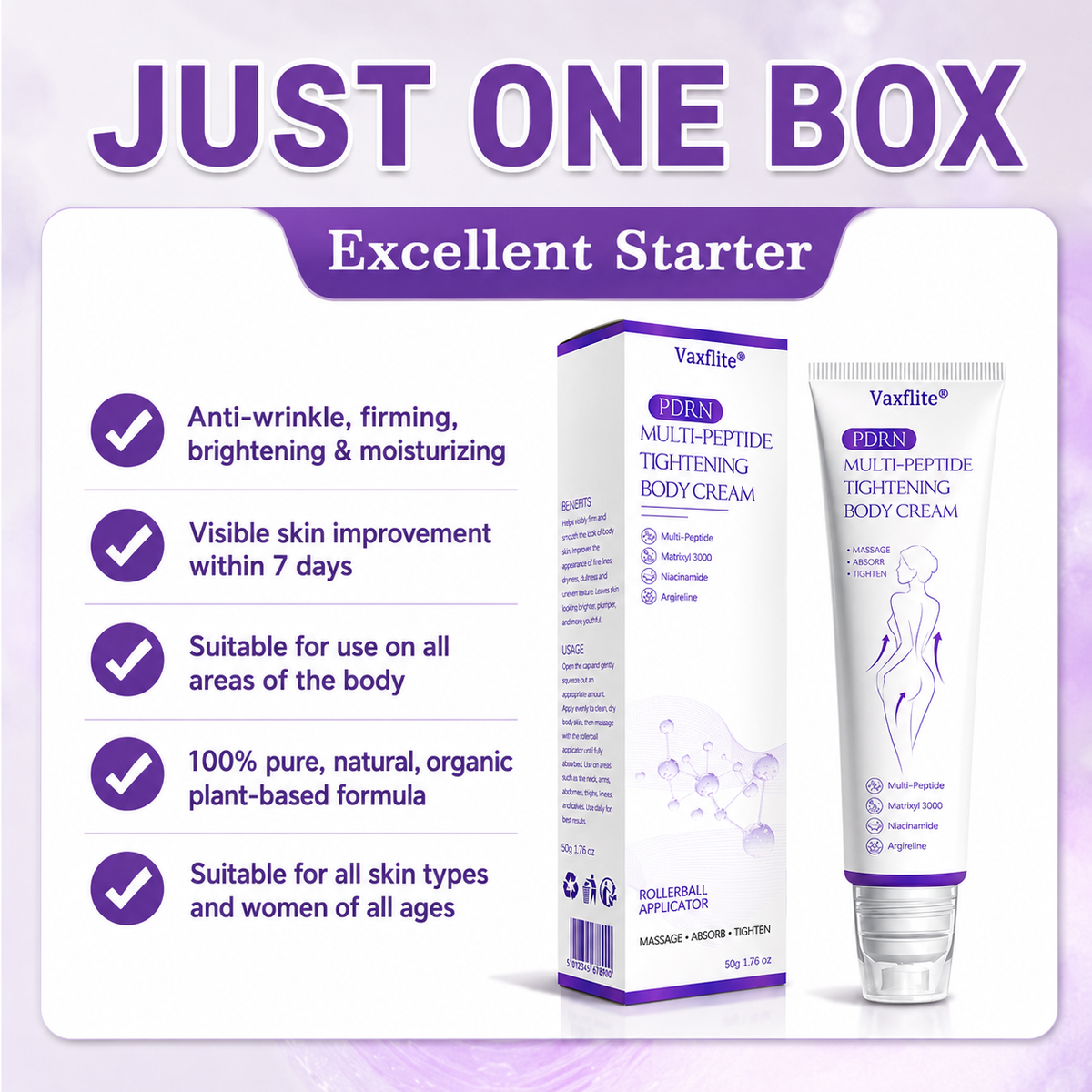 Vaxflite® PDRN Multi-Peptide Massaging Body Roller Cream- Anti-aging, Hydrating, Skin Firming & Lifting, Skin Repair, Even Tone, Acne and Dark Spot Treatment, Wart and Mole Removal, and Psoriasis Relief⭐